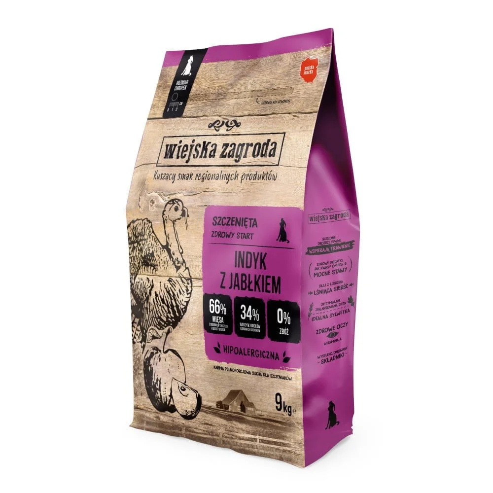 Wiejska Zagroda Indyk z JABŁKIEM 9kg dla szczeniąt średnich i dużych ras