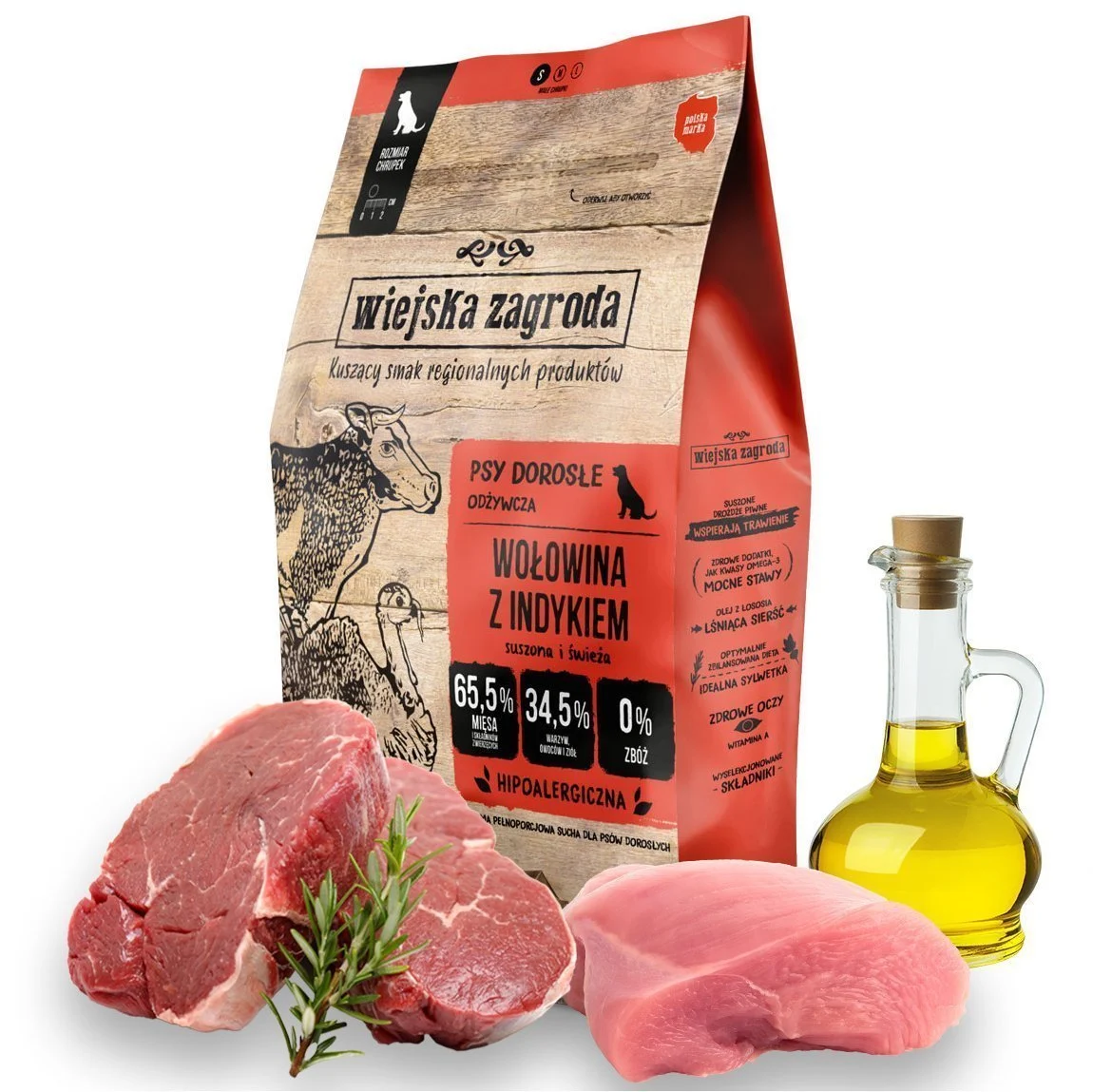 Wiejska Zagroda Wołowina z Indykiem 2kg dla dorosłych psów małych ras chrupki S