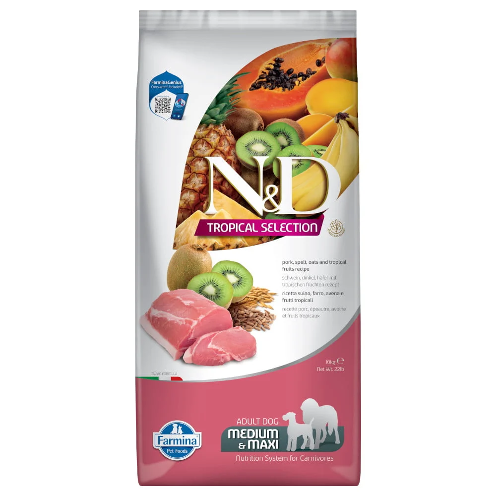 ND Tropical Selection Pork 10kg Spelt Oats Medium Maxi Adult Farmina wieprzowina