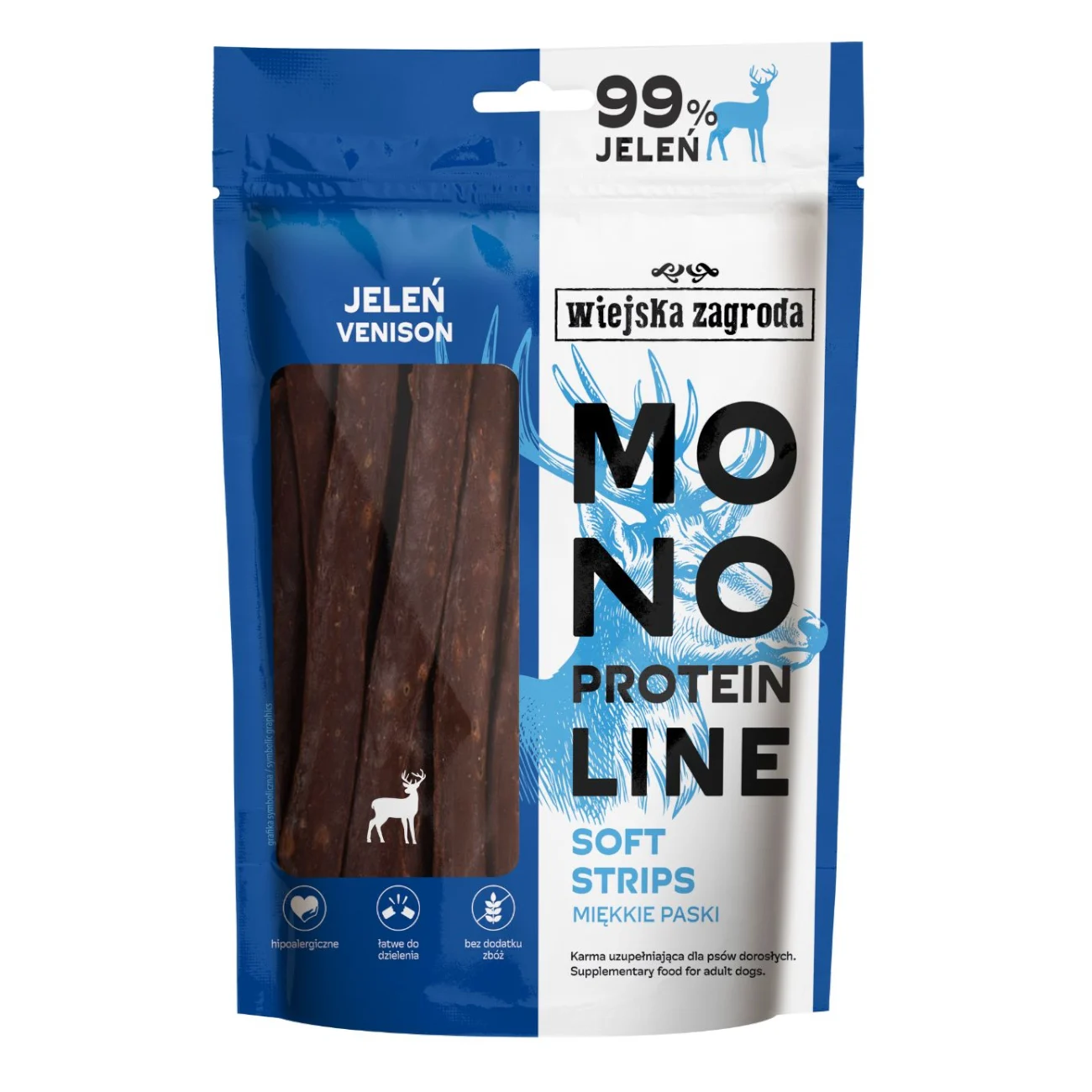 Wiejska Zagroda Monoproteinowe Miękkie Paski Jeleń 100g Przysmak dla psa