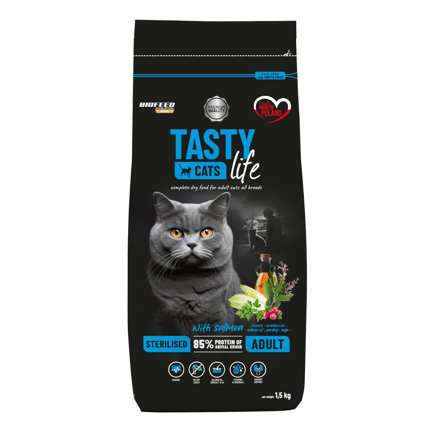 BIOFEED_TASTY_CATS_LIFE_STERILISED_ADULT_WITH_SALMON_1_5KG Biofeed Tasty Cats Life Sterilised with Salmon 1,5kg