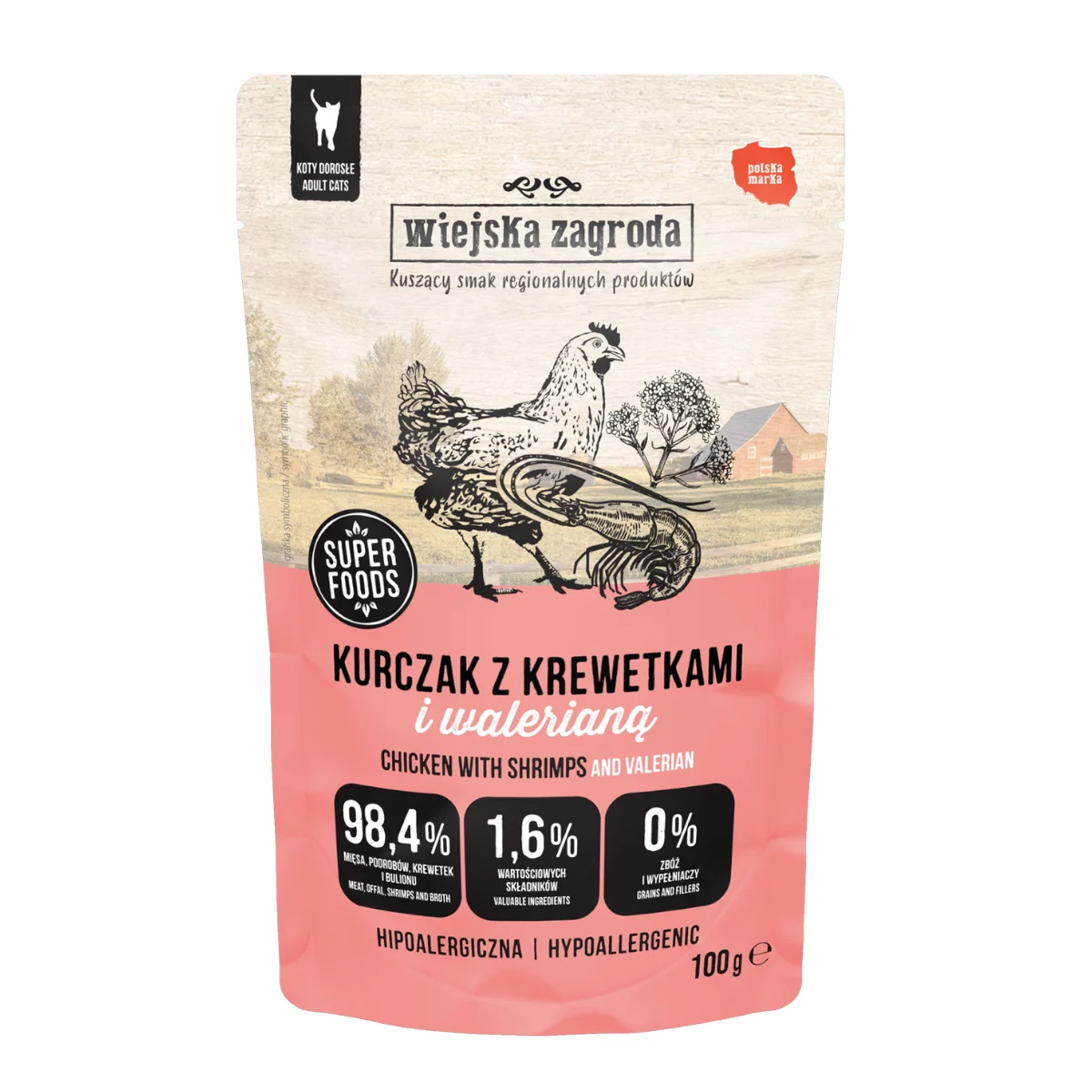 Wiejska Zagroda Kurczak z krewetkami i walerianą (dorosły) 100g