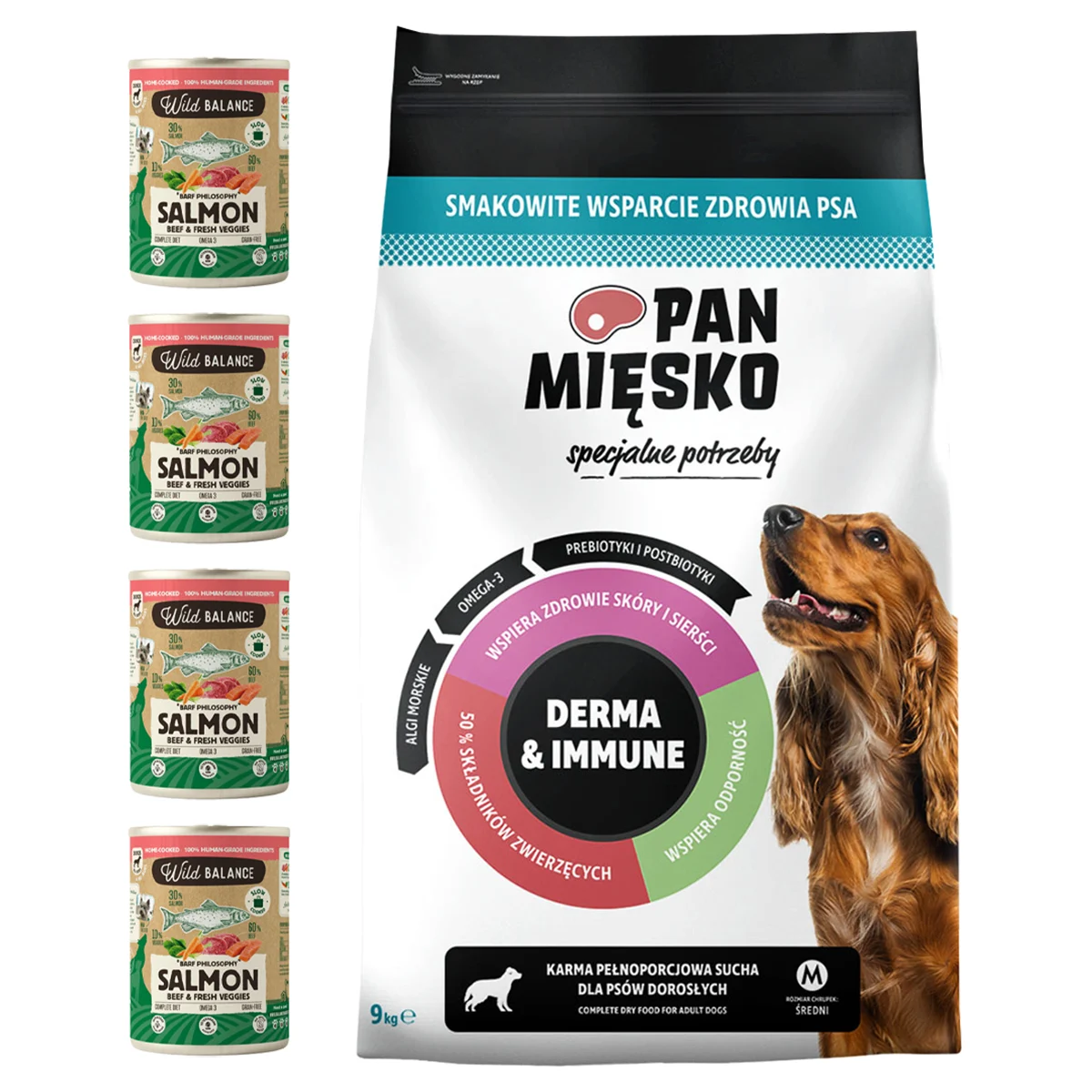 Pan Mięsko Derma & Immune M 9kg + 4x 400g Wild Balance Salmon Beef