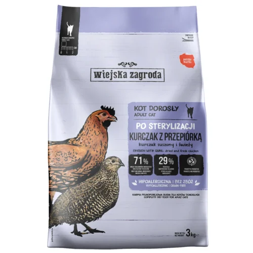 Wiejska Zagroda Po sterylizacji Kurczak z Przepiórką 3kg Karma sucha dla kota