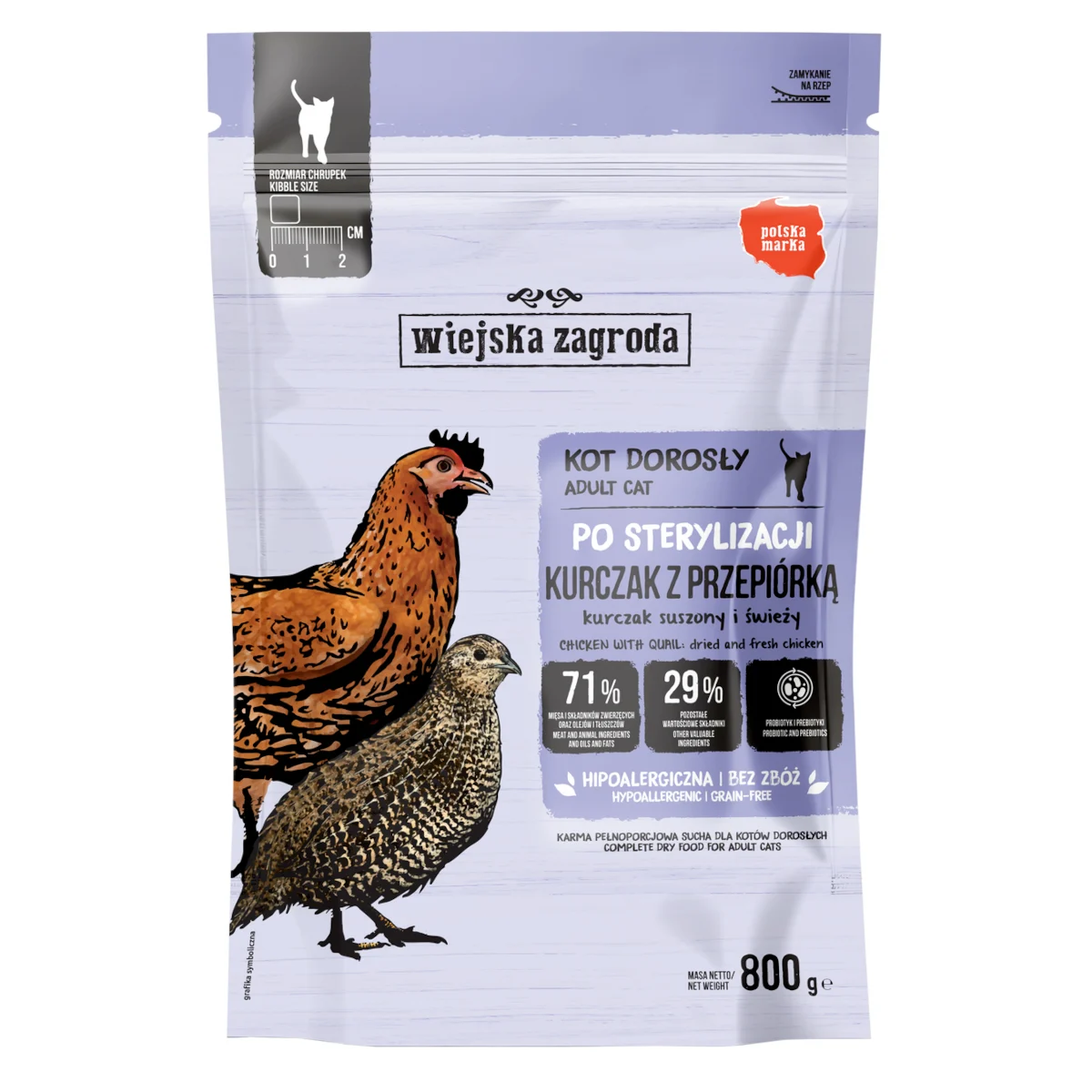 Wiejska Zagroda Po sterylizacji Kurczak z Przepiórką 800g Karma sucha dla kota